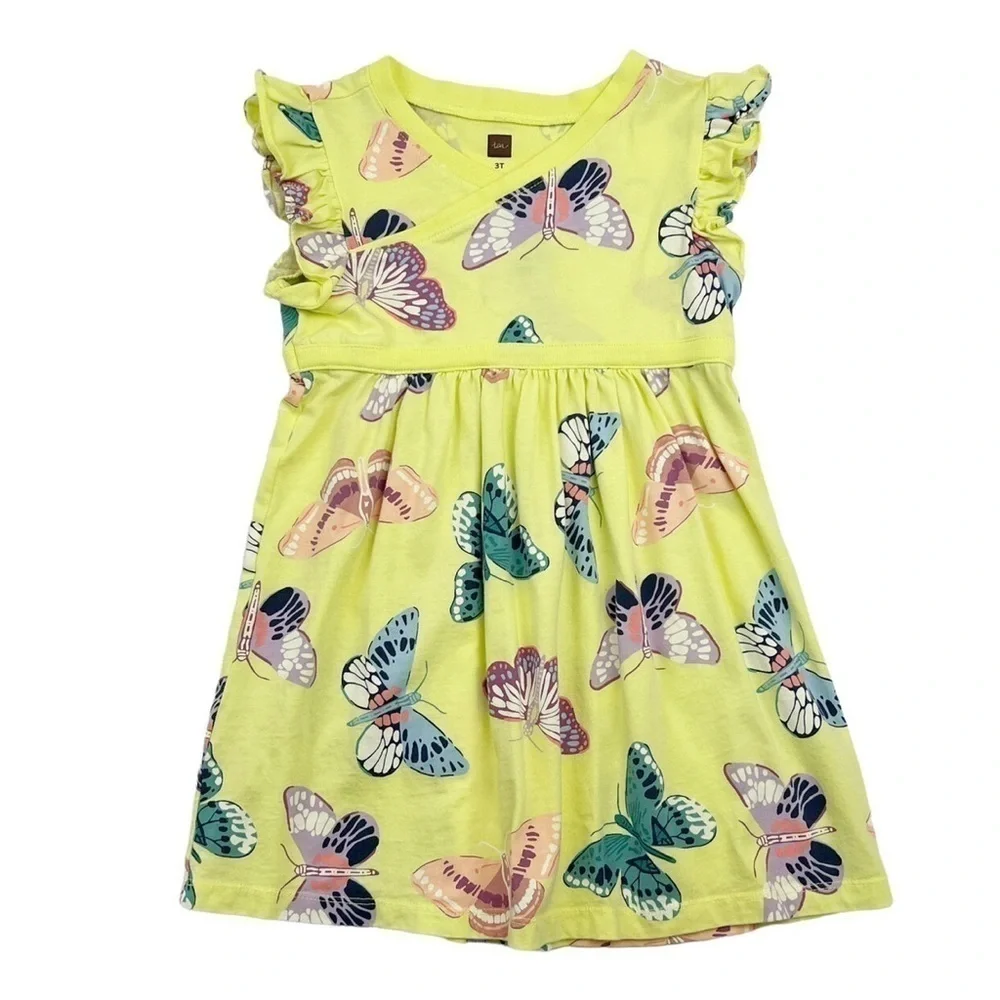 Tea Collection Butterfly Print Wrap Neck Dress 12/18m yellow